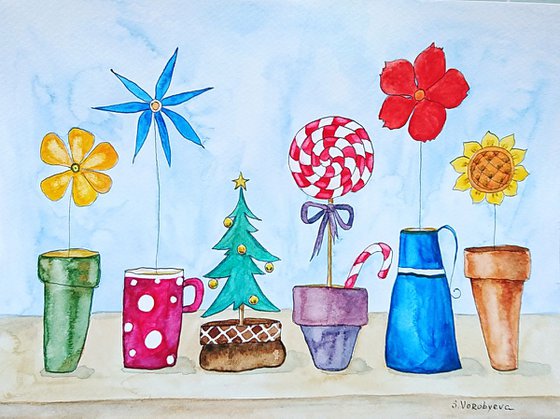 Still life with christmas tree. Original watercolor painting by Svetlana Vorobyeva.