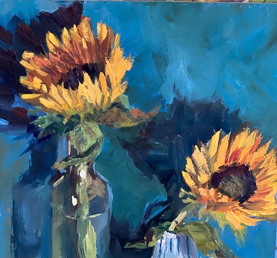 Sunflowers on deep blue
