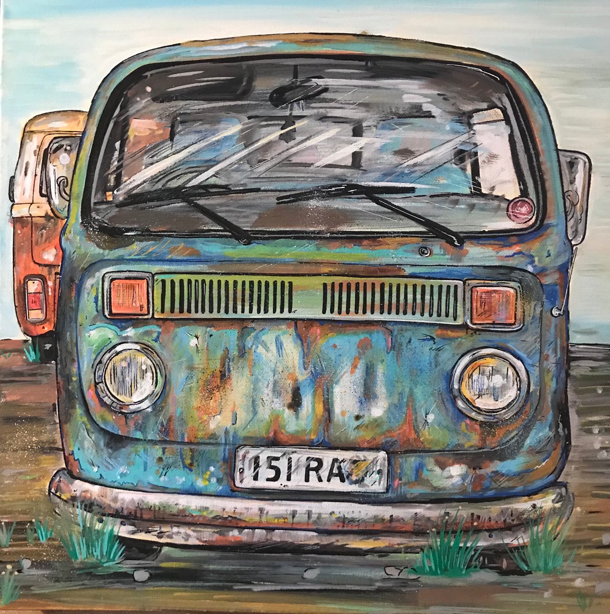 Urban And Pop Still Life Painting By John Curtis, 16 X 16, Vw Camper, Original Artwork