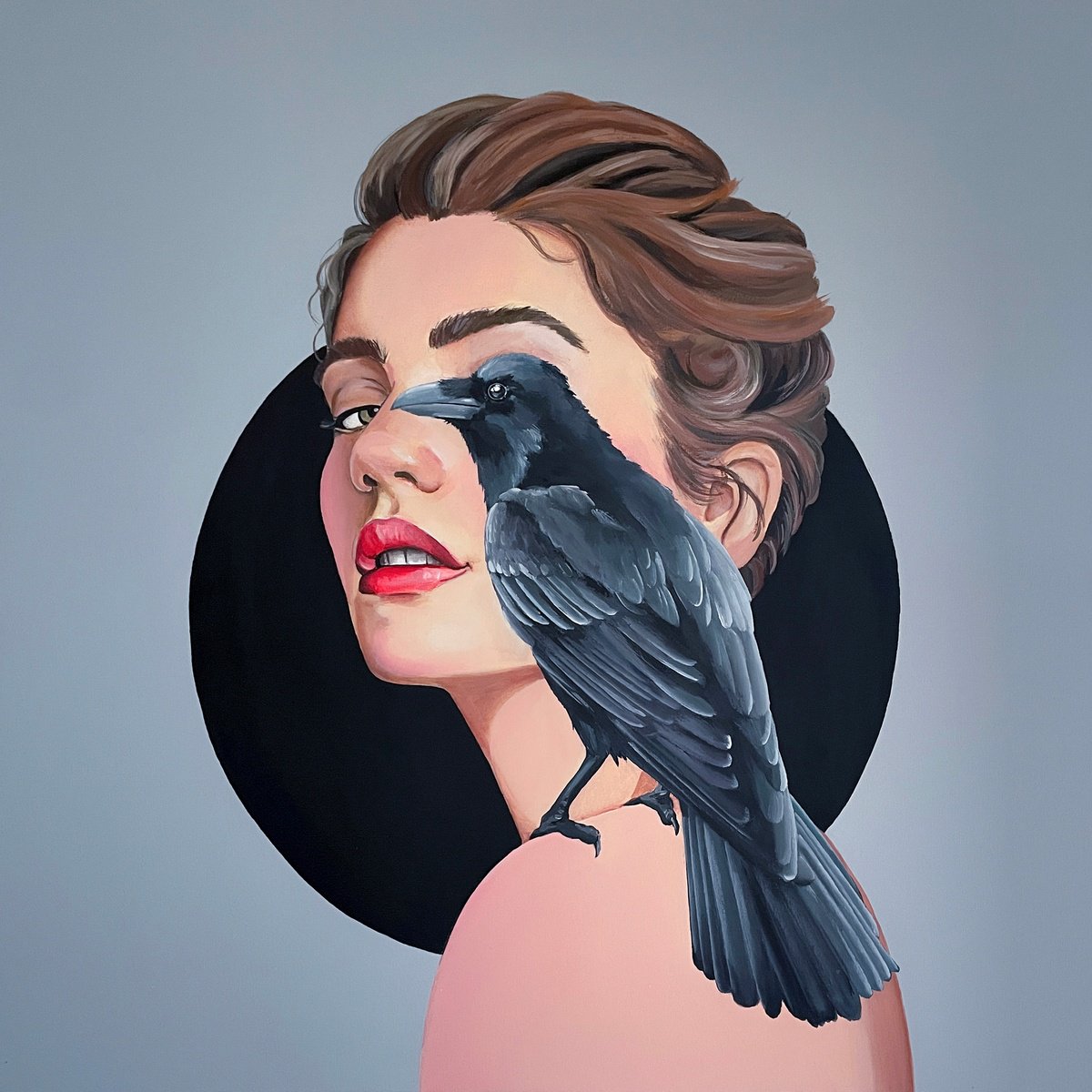 Portrait Acrylic Painting By Elina Zelena, 20 X 20, Girl And Raven, Original Artwork