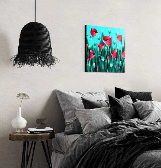 SCARLET POPPIES ON A TURQUOISE BACKGROUND