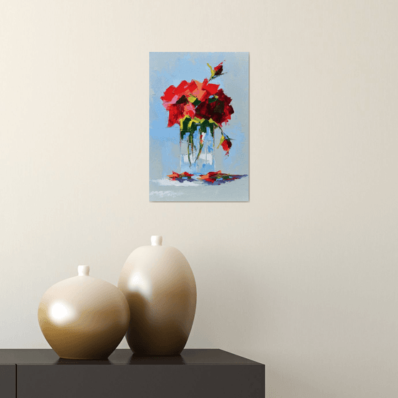 Modern still life oil painting. Abstract red flowers