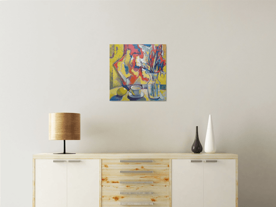 Yellow still life (50x50cm, cubism, oil painting, ready to hang)