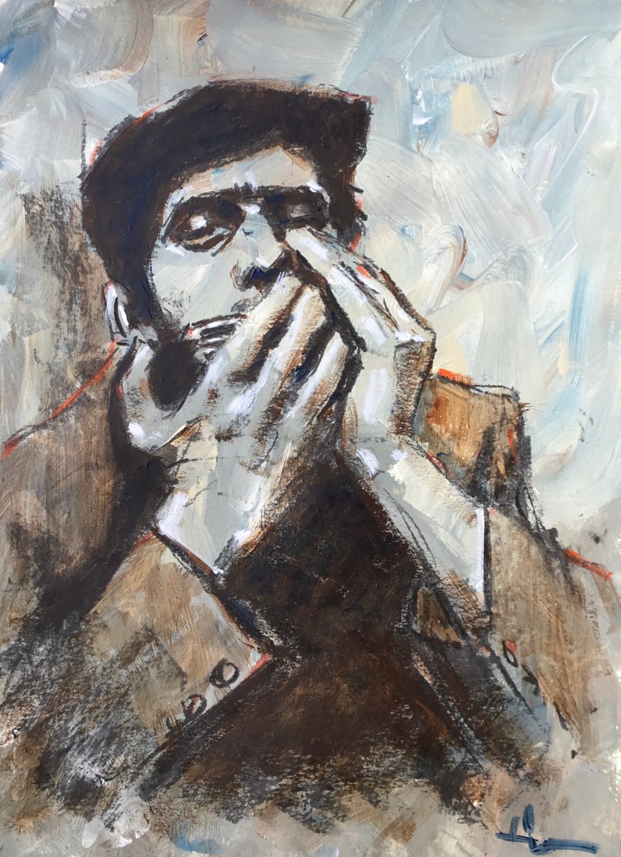 Expressive Portrait Acrylic Painting By Dominique Deve, 12 X 16, L