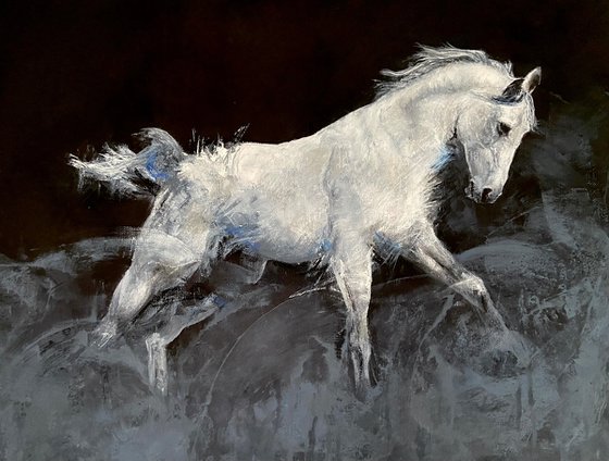 White horse on panel, original acrylic painting