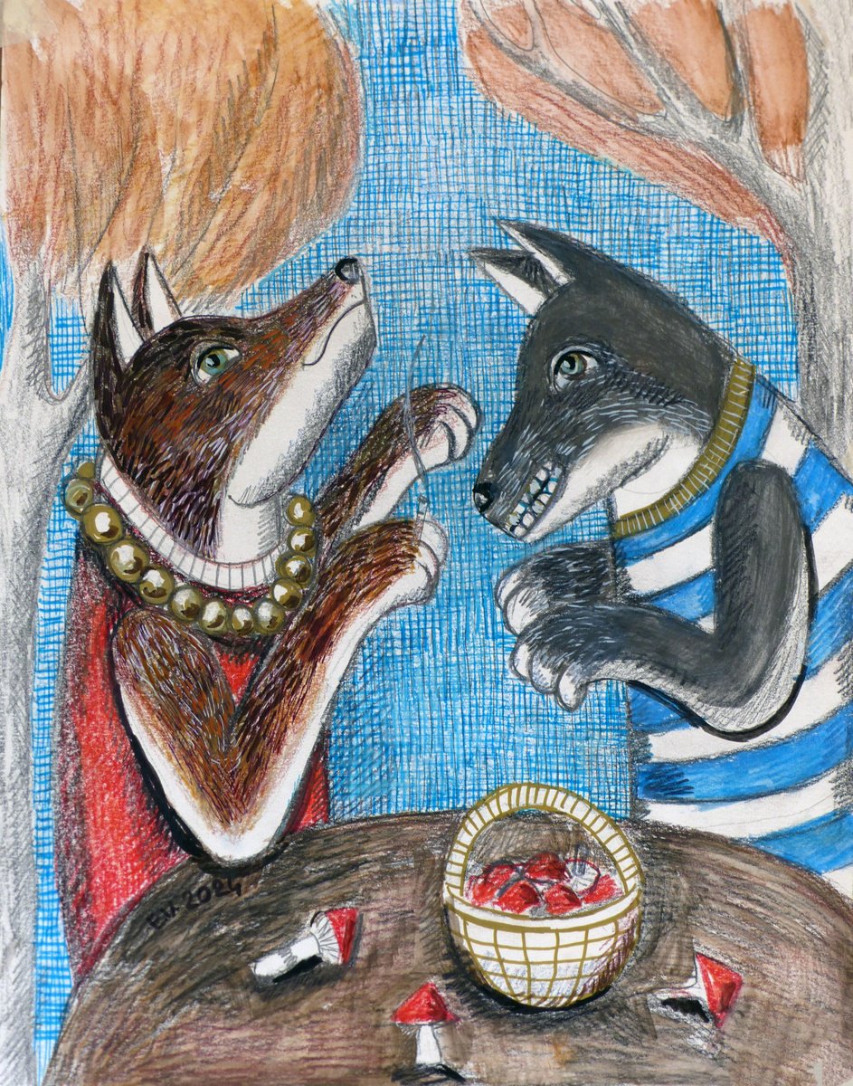 Graphic Animal Drawing By Elizabeth Vlasova, 11 X 14, Mushroom Meeting, Original Artwork