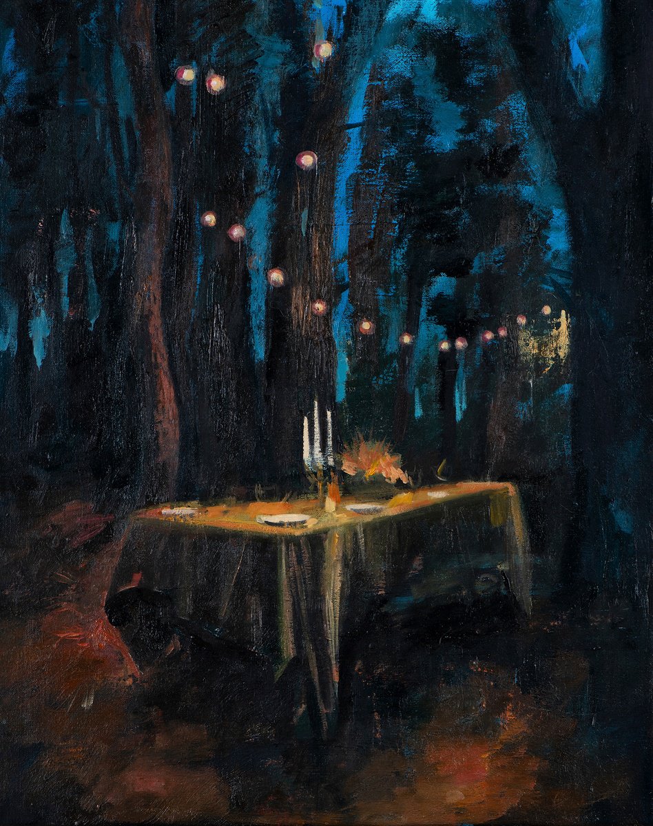 Impressionistic Landscape Oil Painting By Roeland Kneepkens, 16 X 20", Forest Dinner, Original Artwork
