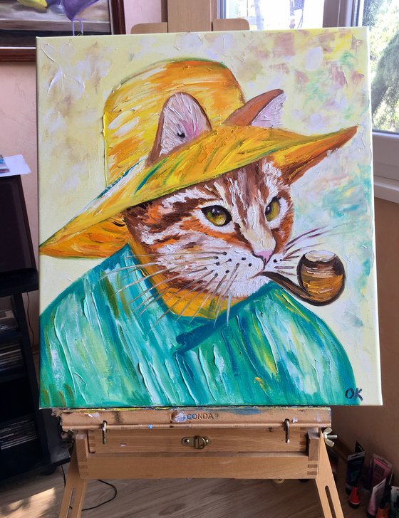 Creative Cat La Vincent Van Gogh with a pipe  oil painting for cat lovers