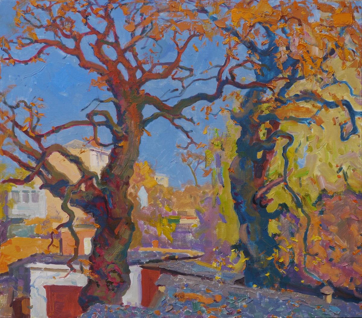 Impressionistic Botanical Oil Painting By Victor Onyshchenko, 31 X 28", Oaks Of My Childhood, Original Artwork