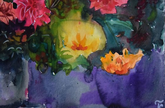 Watercolor painting Autumn flowers bouquet