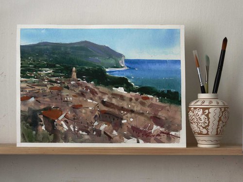 Sirolo and Monte Conero, Adriatic Riviera, Italy, watercolor on paper, 2023. by Marin Victor