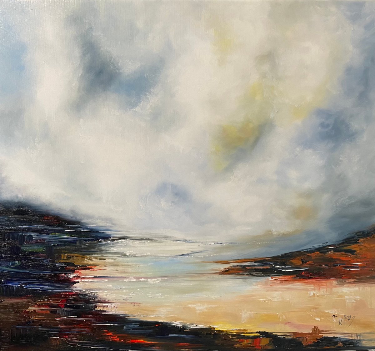 Impressionistic Landscape Oil Painting By Timea Valsami, 28 X 26", Golden Lagoon, Original Artwork