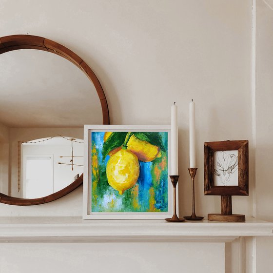 Lemon Painting Original Art Fruit Artwork Citrus Wall Art Small Square Kitchen Decor