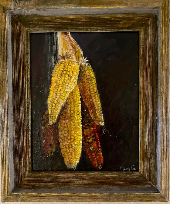 Popcorn’s In the cob Original Oil Painting 8x10 Driftwood Frame