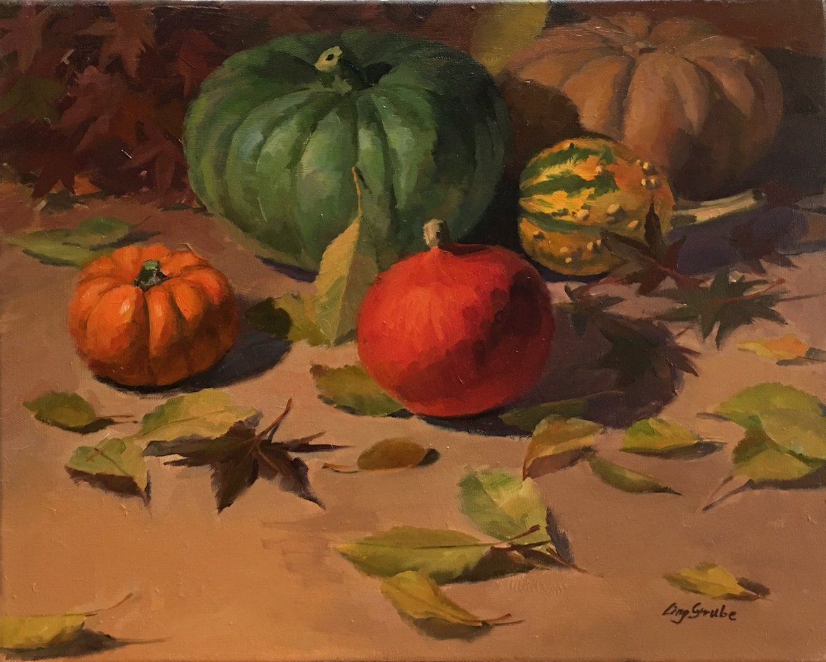 Impressionistic Still Life Oil Painting By Ling Strube, 20 X 16", The Pumpkins, Original Artwork