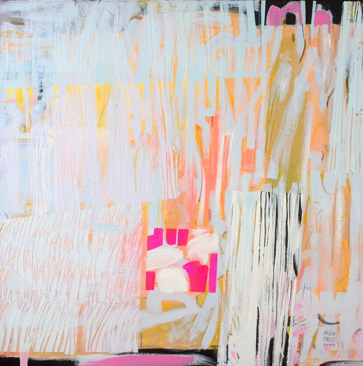 Abstract Botanical Acrylic Painting By Mila Weis, 39 X 39", Make It Shine, Original Artwork