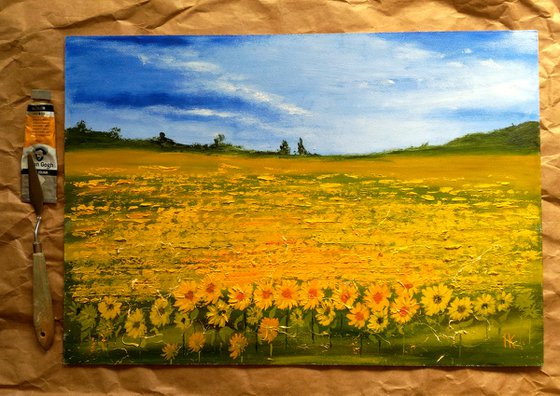 Ukraine Painting Landscape Original Art Sunflower Field Oil Artwork Ukrainian Landscape Home Wall Art 20 by 14" by Halyna Kirichenko