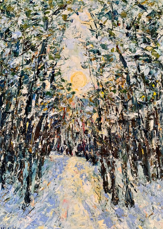 Winter forest at sunset