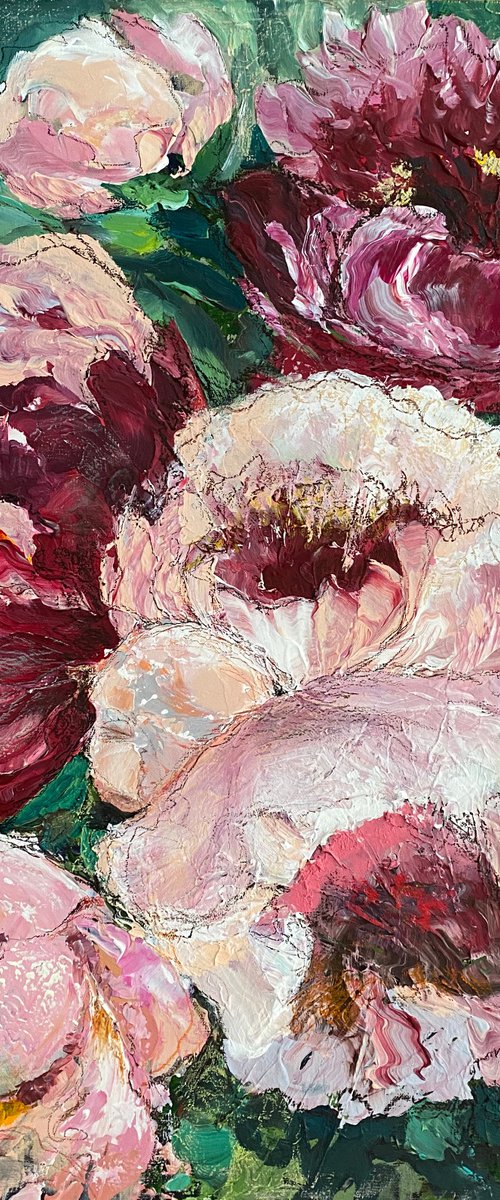 PEONIES ON EMERALD- original painting on canvas floral by Oksana Petrova