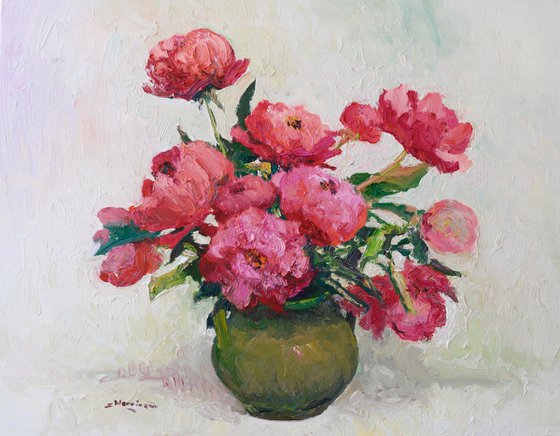 Peonies in Olive Green Vase