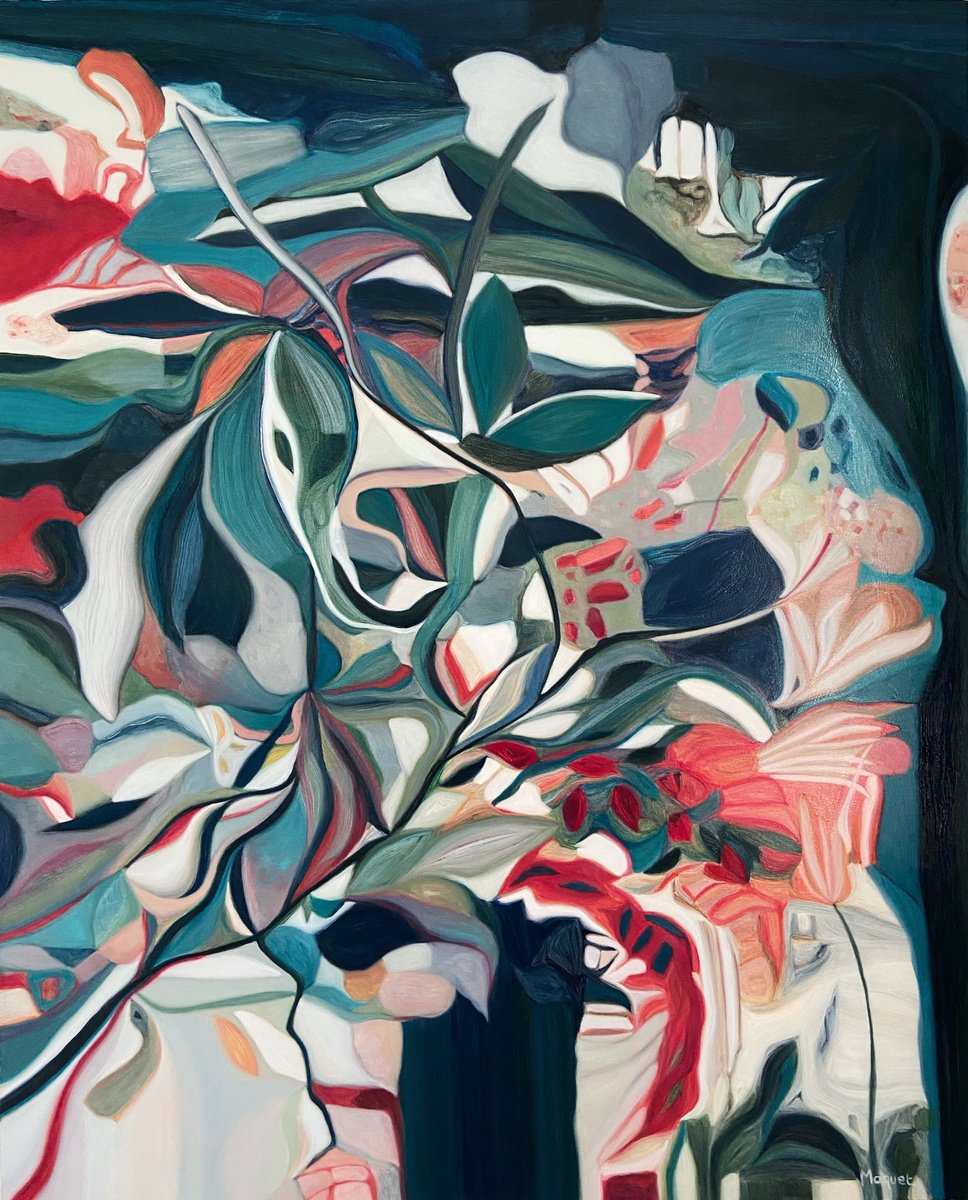 Organic Botanical Oil Painting By Nathalie Maquet, 32 X 39", Bouquet 33, Original Artwork