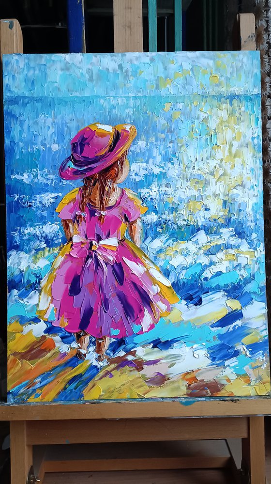 In children's fantasies - oil painting, love, child, sail, boat, sea, sea and beach, childhood, sea and sky, girl, seascape, children
