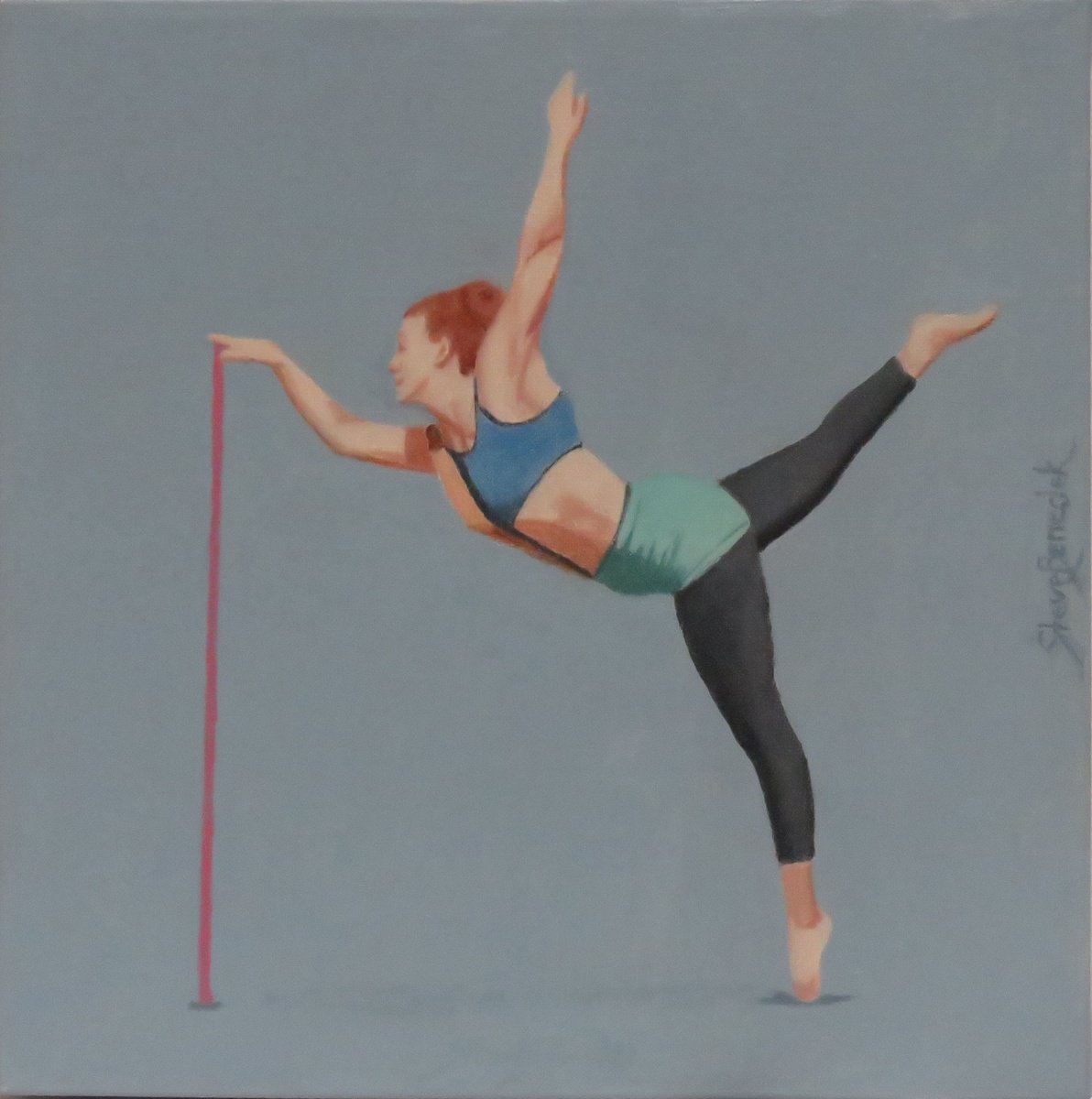 Photorealistic Portrait Oil Painting By Stephen Benedek, 12 X 12", Dancer With A Pole (Blue), Original Artwork