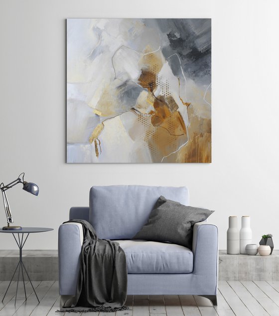 "Seclusion" Brown blue gray abstract art