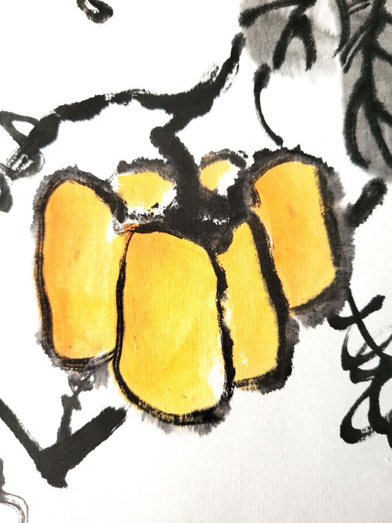 Pumpkin and two bees - Pumpkin series No. 01 - Oriental Chinese Ink Painting