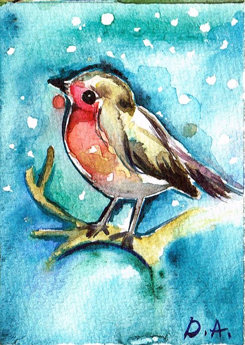 Robin, Original watercolour ACEO painting by Diana Aleksanian
