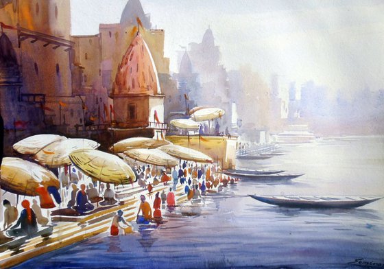 Varanasi Ghat at Morning-Watercolor on Paper