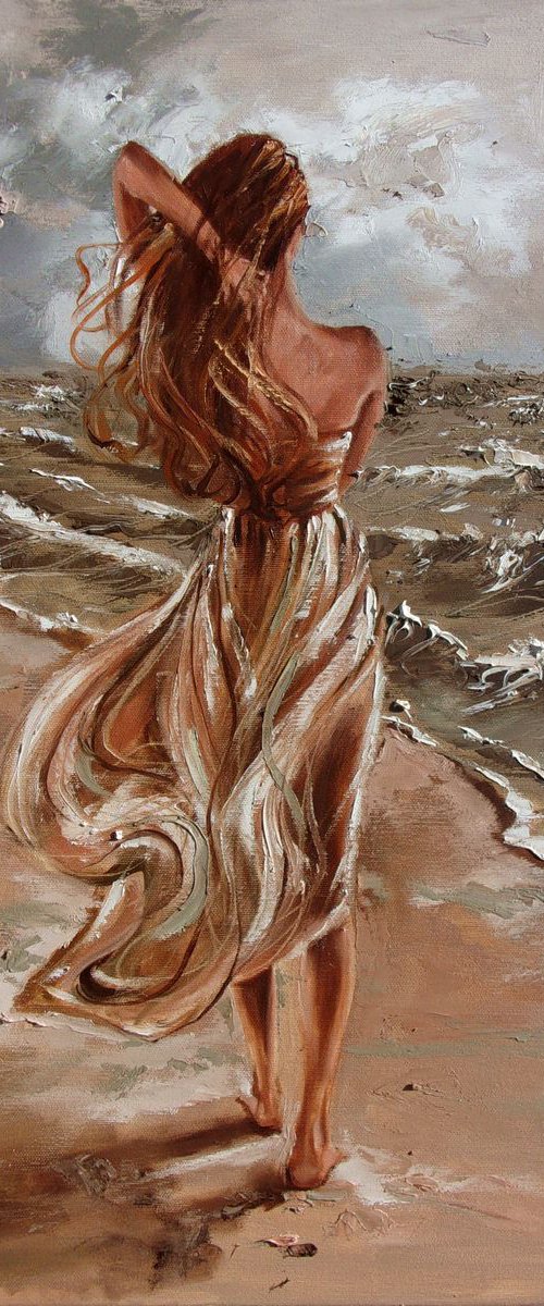 " FOR THE FALL MEETING "- SKY BEACH autumn liGHt  ORIGINAL OIL PAINTING, GIFT, PALETTE KNIFE by Monika Luniak