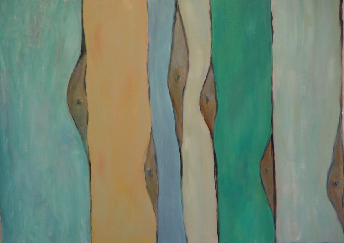 Abstract Oil Painting By Leon Sarantos, 36 X 24", Odd Creatures On Lake Shore, Original Artwork