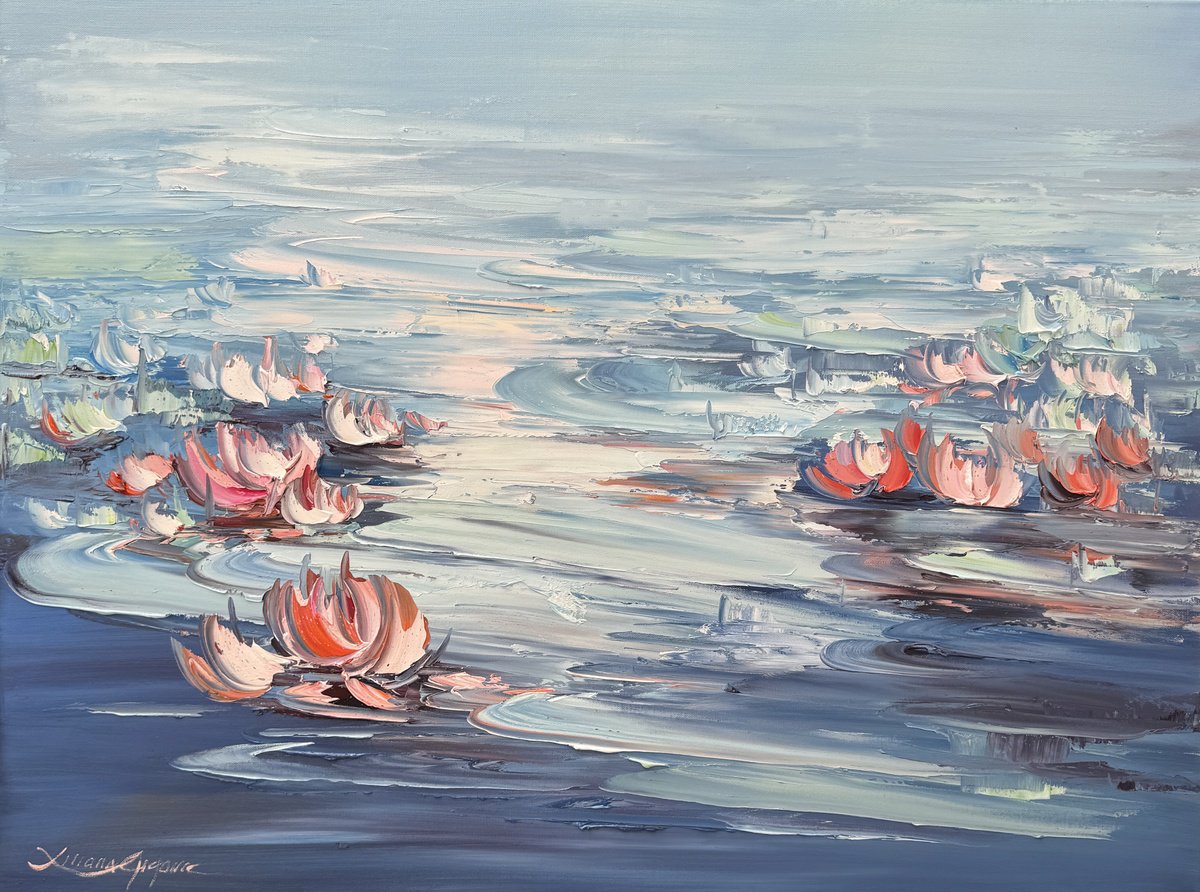 Impressionistic Botanical Oil Painting By Liliana Gigovic, 40 X 30", Water Lilies No 167, Original Artwork