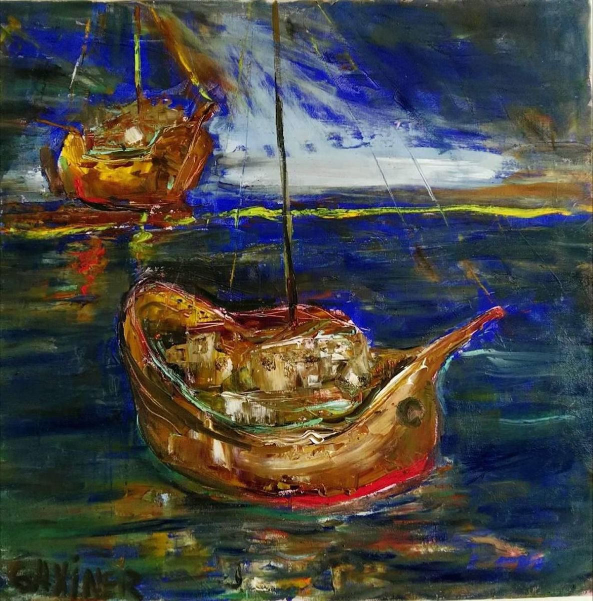 Impressionistic Landscape Oil Painting By Leo Baxiner, 24 X 24", Amber Gloss., Original Artwork