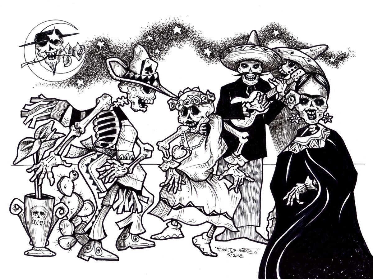 Graphic Portrait Ink Drawing By Ben De Soto, 12 X 9, Dia De Los Muertos - Celebrate, Original Artwork