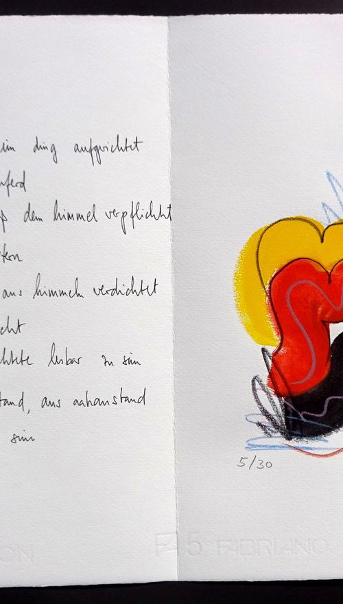 Monika Rinck: Diskrete Rhapsodie, variant 5 - handwritten poem and original gouache by Volker Mayr