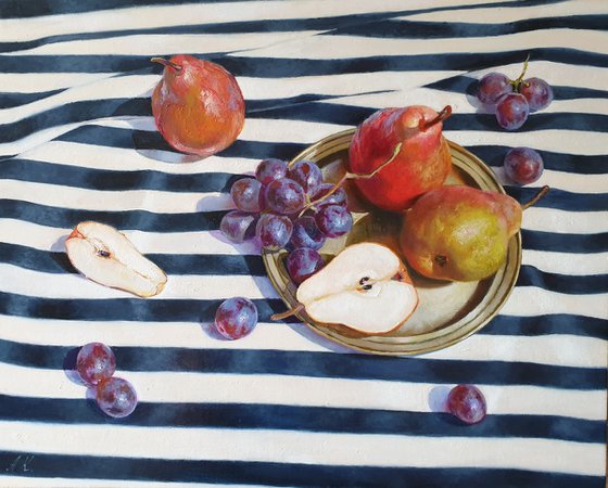 "Pears and grapes on a striped tablecloth."  still life summer grape pear white liGHt original painting  GIFT (2019)