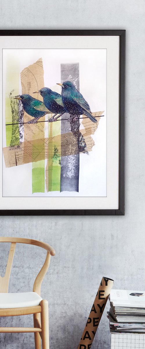 Waiting online - Starling painting by Carolynne Coulson