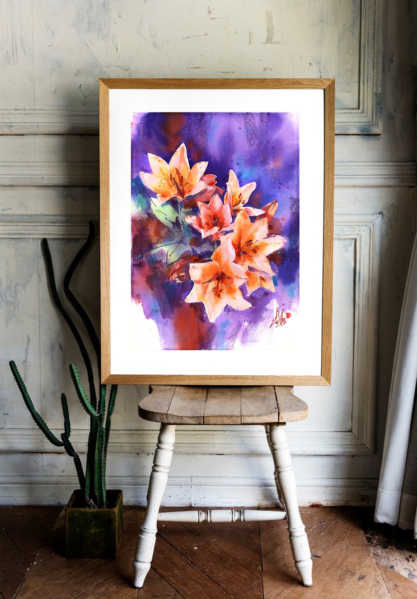 Dance of the Lilies - flowers on a contrasting background bright watercolor original art... by Ksenia Selianko