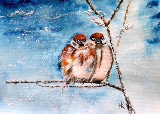 Sparrow Painting Bird Original Art Small Home Watercolor Wall Art Animal Painting 11 by 8" by Halyna Kirichenko