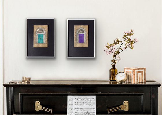 Violet and turquoise doors - Set of 2 architecture mixed media drawings in frames