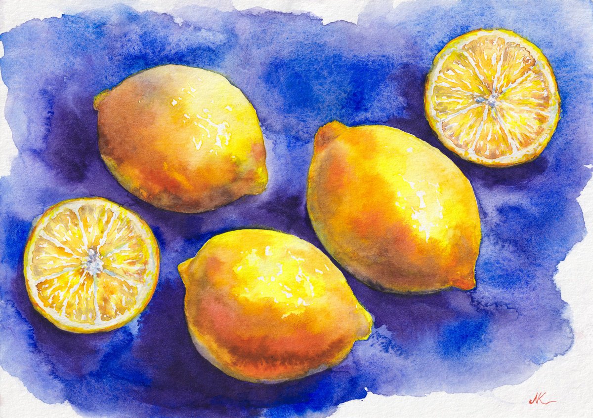 Impressionistic Still Life Watercolour By Kateryna Nazarenko, 8 X 6", Yellow Lemons On Blue, Original Artwork