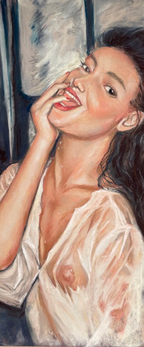 Sexy woman in wet shirt - soft pastel drawing by Liliya Rodnikova