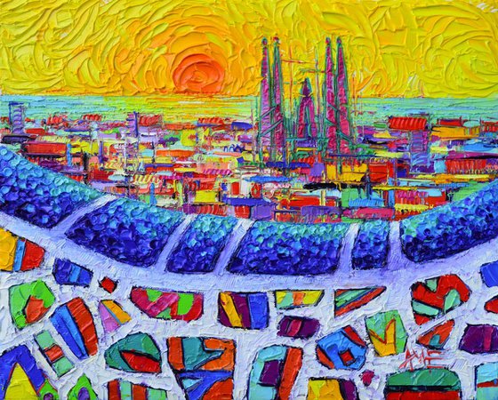 ABSTRACT CITYSCAPE BARCELONA VIEW AT SUNRISE SAGRADA FAMILIA SEEN FROM PARK GUELL textural impasto impressionist abstract stylized city view palette knife oil painting by Ana Maria Edulescu
