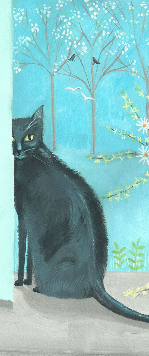 Black cat with curtain by Mary Stubberfield