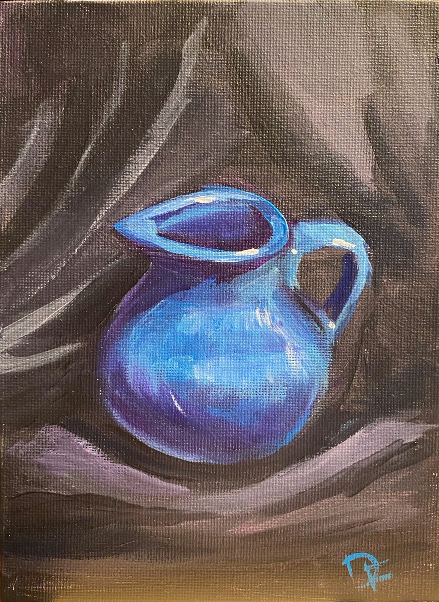 Impressionistic Still Life Acrylic Painting By Dmitry Fedorov, 5 X 7, Blue Jug, Still Life, Original Artwork