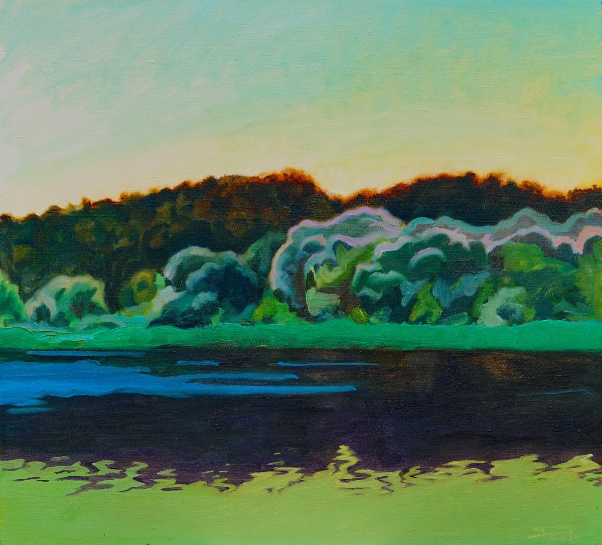 Landscape Oil Painting By Tomas Stanaitis, 30 X 28", Sunset Peace, Original Artwork