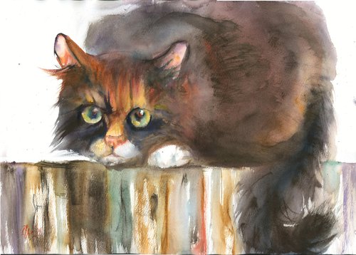 'Green-eyed cat' (watercolor cat portrait) by Irina Bibik-Chkolian
