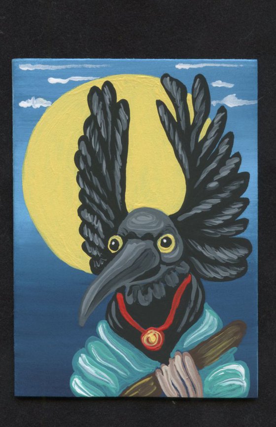 ACEO ATC Original Painting Raven Crow Kachina Doll Native Art-Carla Smale